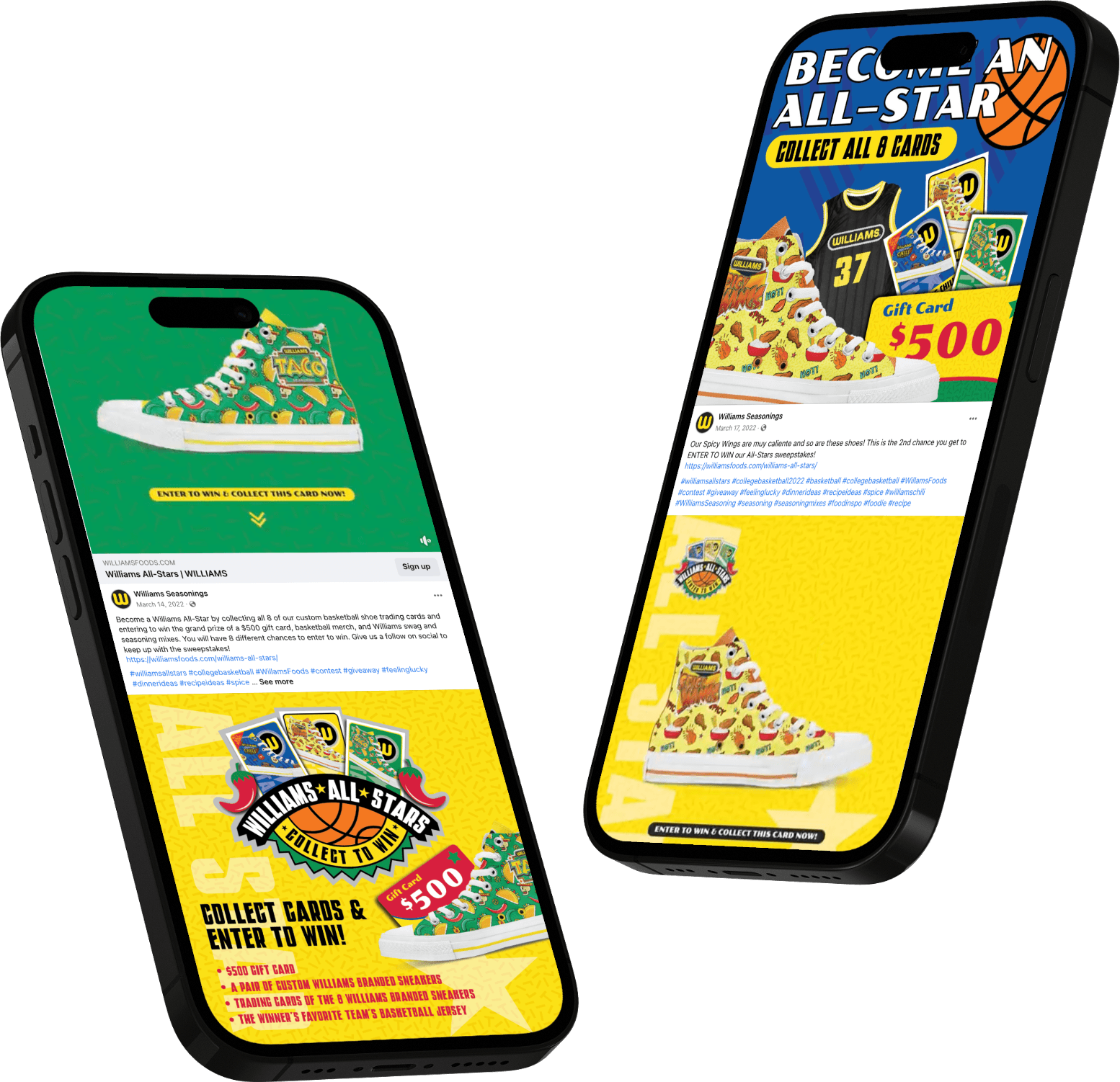 Williams All-Stars campaign: live Facebook and Instagram posts on phone mockups