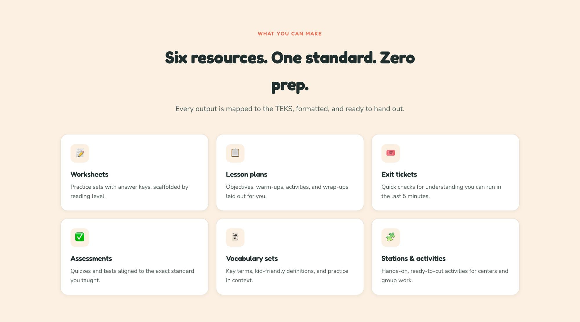 TEKSBuilder: six resource types, all mapped to the standard